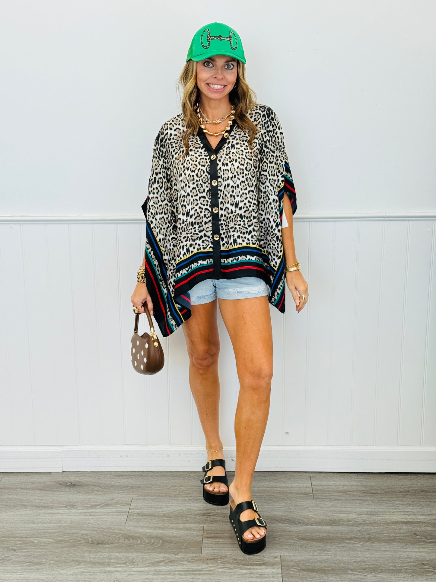 Leopard Contrast Trim Cape Top (One Size)