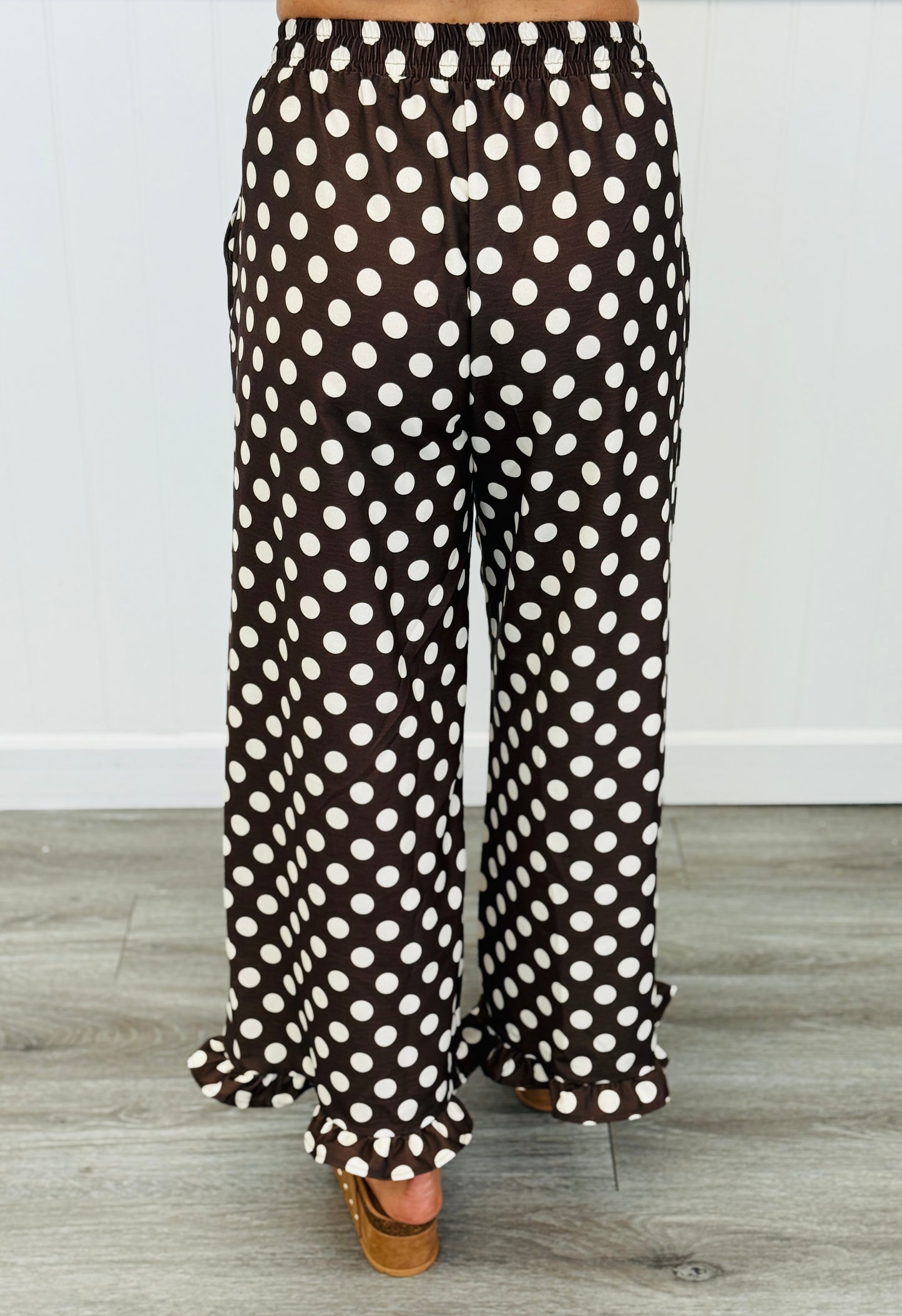 Brown/Cream Polka Dot Ruffle Hem Pants (Reg. and Plus)