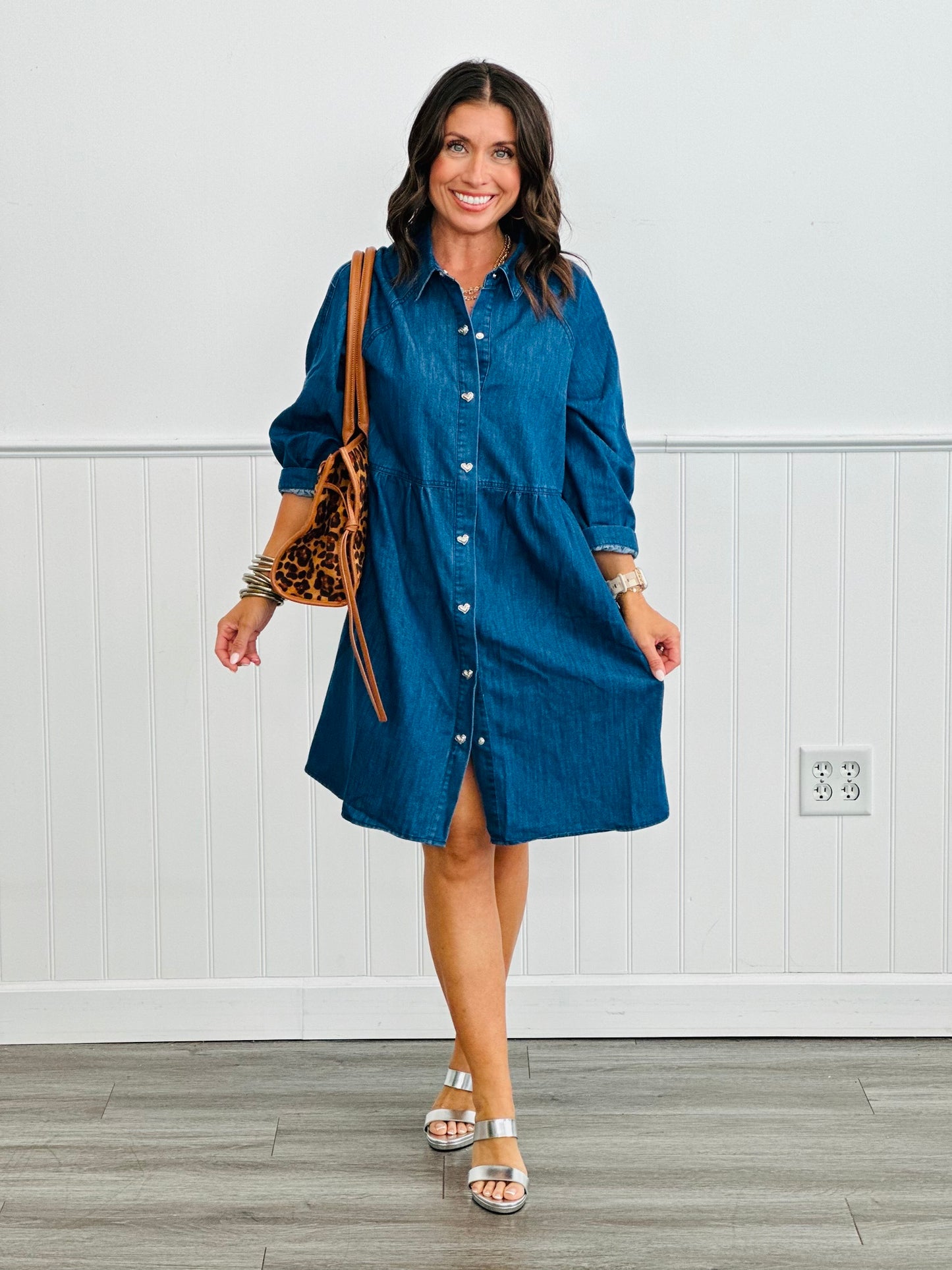 Denim Button Down Heart Mini Dress (Reg. & Plus)