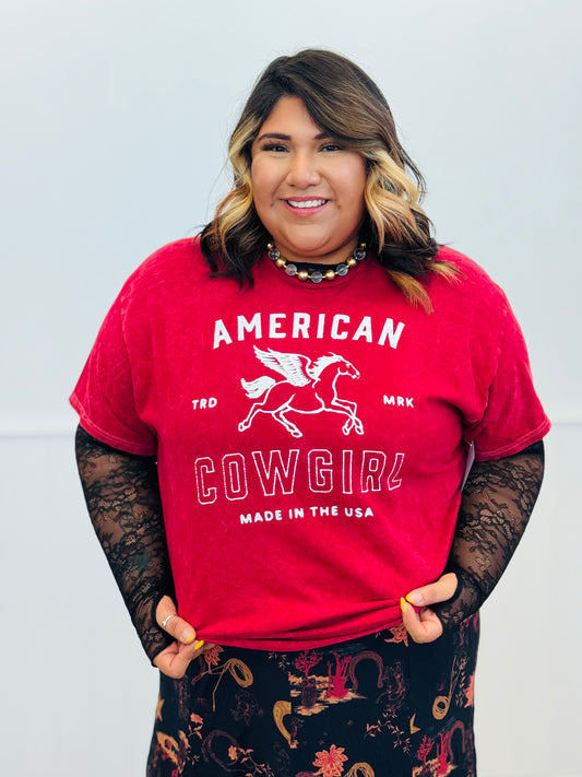 Red American Cowgirl Mineral Washed Tee (Reg. and Plus)