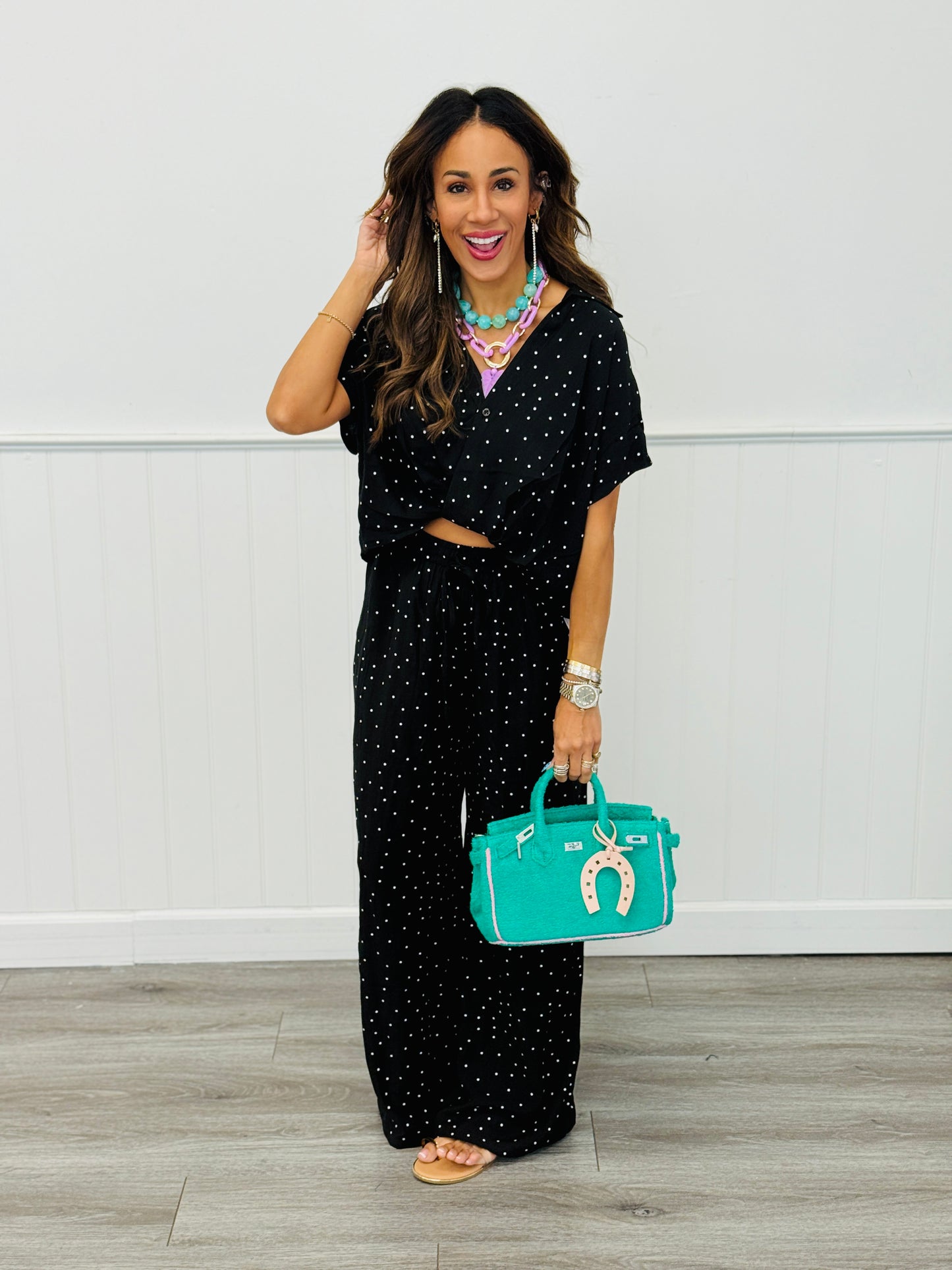 Black White Dot Wrap Blouse (Reg.)
