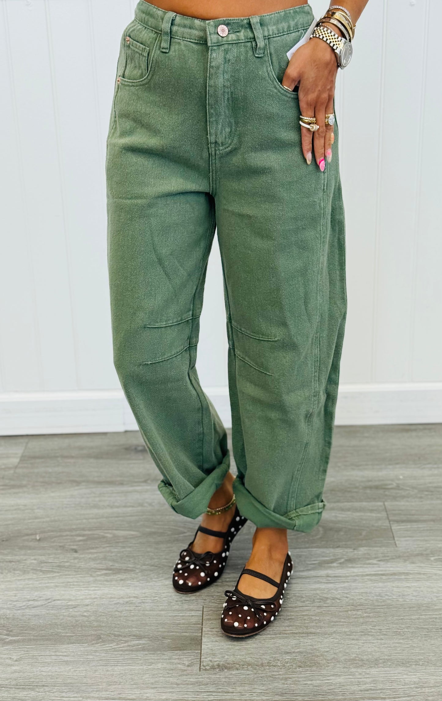 Olive Denim Barrel Pants (Reg.)