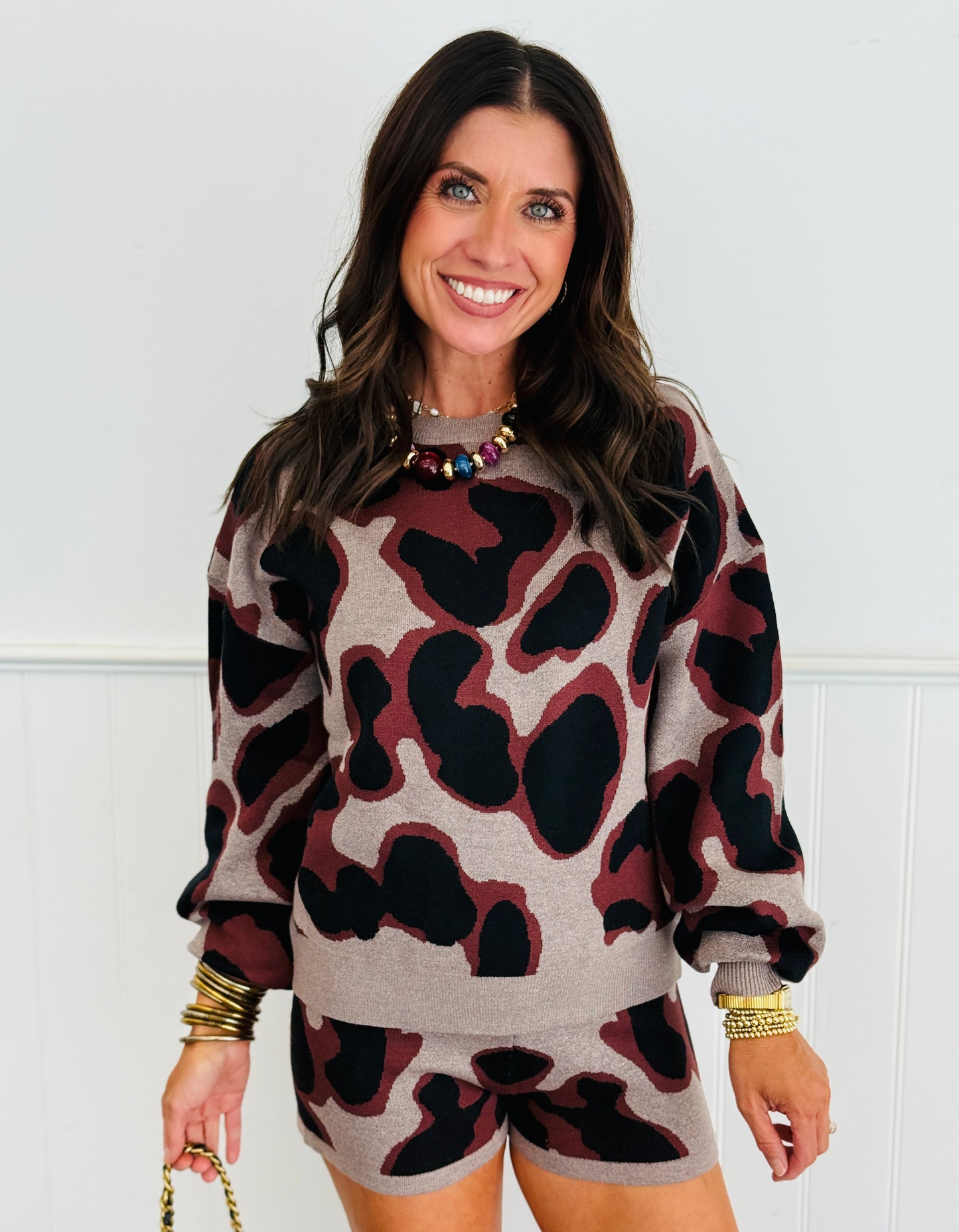 Grey Leopard Sweater Top & Shorts Set (Reg. & Plus)