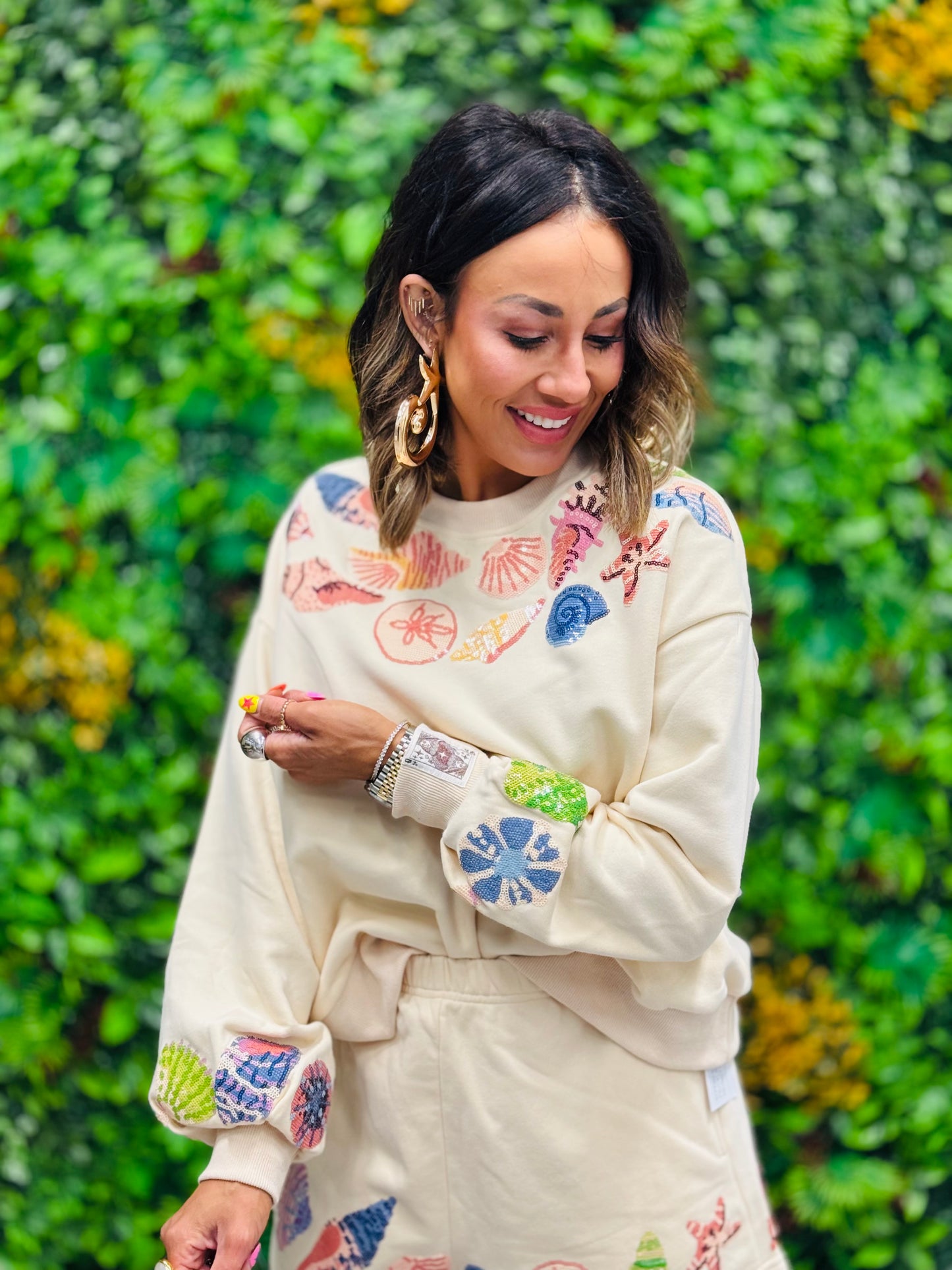 Queen Of Sparkles Beige Shell Trim Sweatshirt (Reg. and Plus)
