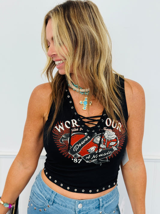 Black Lace Up Graphic Tank Top (Reg.)
