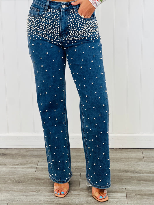 Denim Pearl Embellished Pants (Reg.)