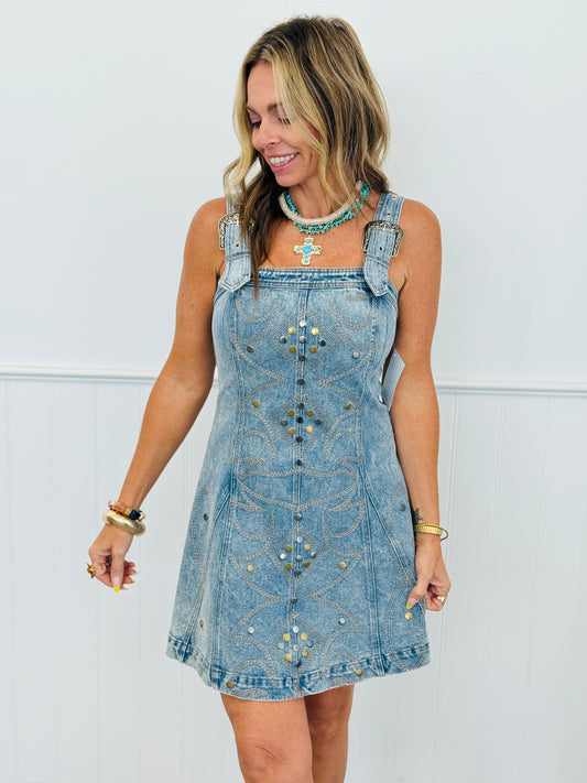 Medium Wash Denim Studded Mini Dress (Reg)