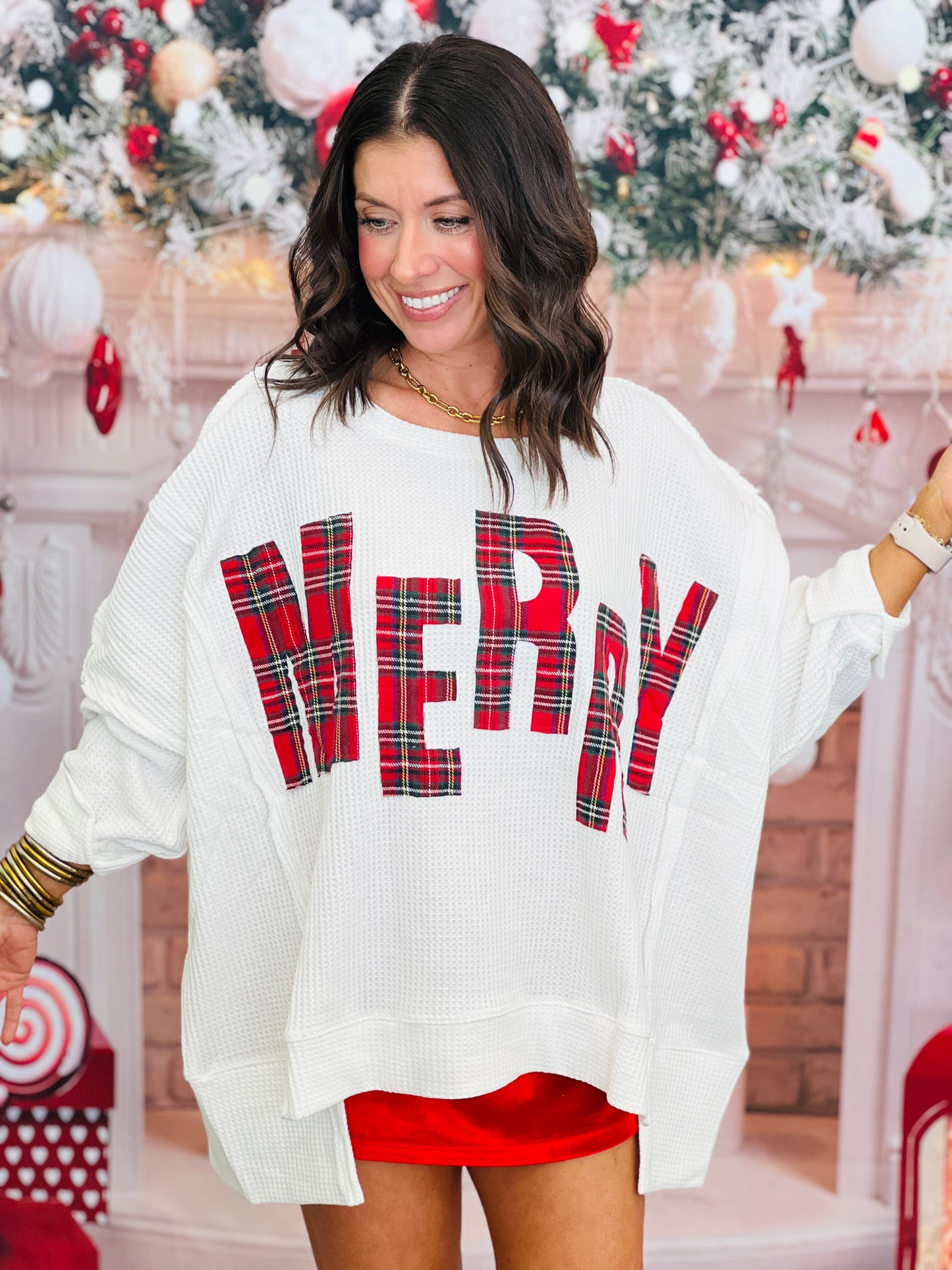 White/Red Plaid Merry Waffle Knit Sweatshirt (Reg & Plus)