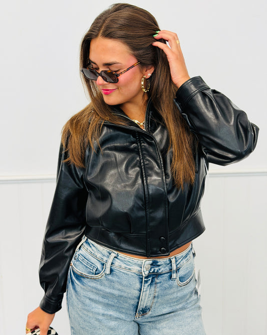 Black Faux Leather Bomber Jacket (Reg.)