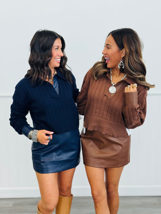 Contrast Vegan Leather Sweater Top (Reg.)-2 Colors