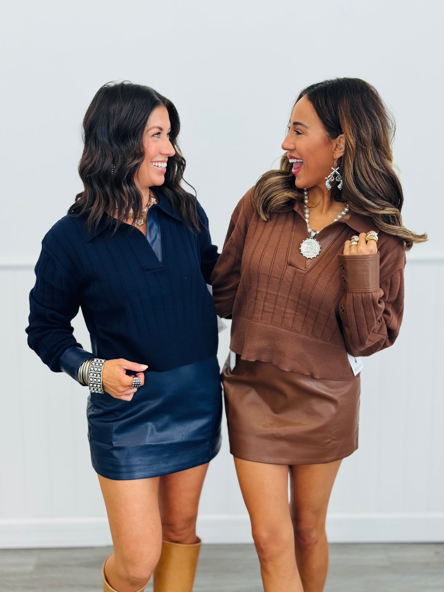 Contrast Vegan Leather Sweater Top (Reg.)-2 Colors
