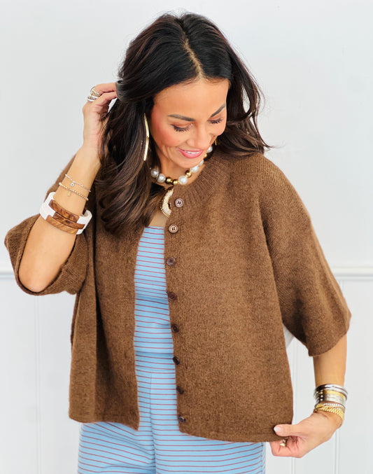 Brown Boxy Knit Short Sleeved Cardigan (Reg.)
