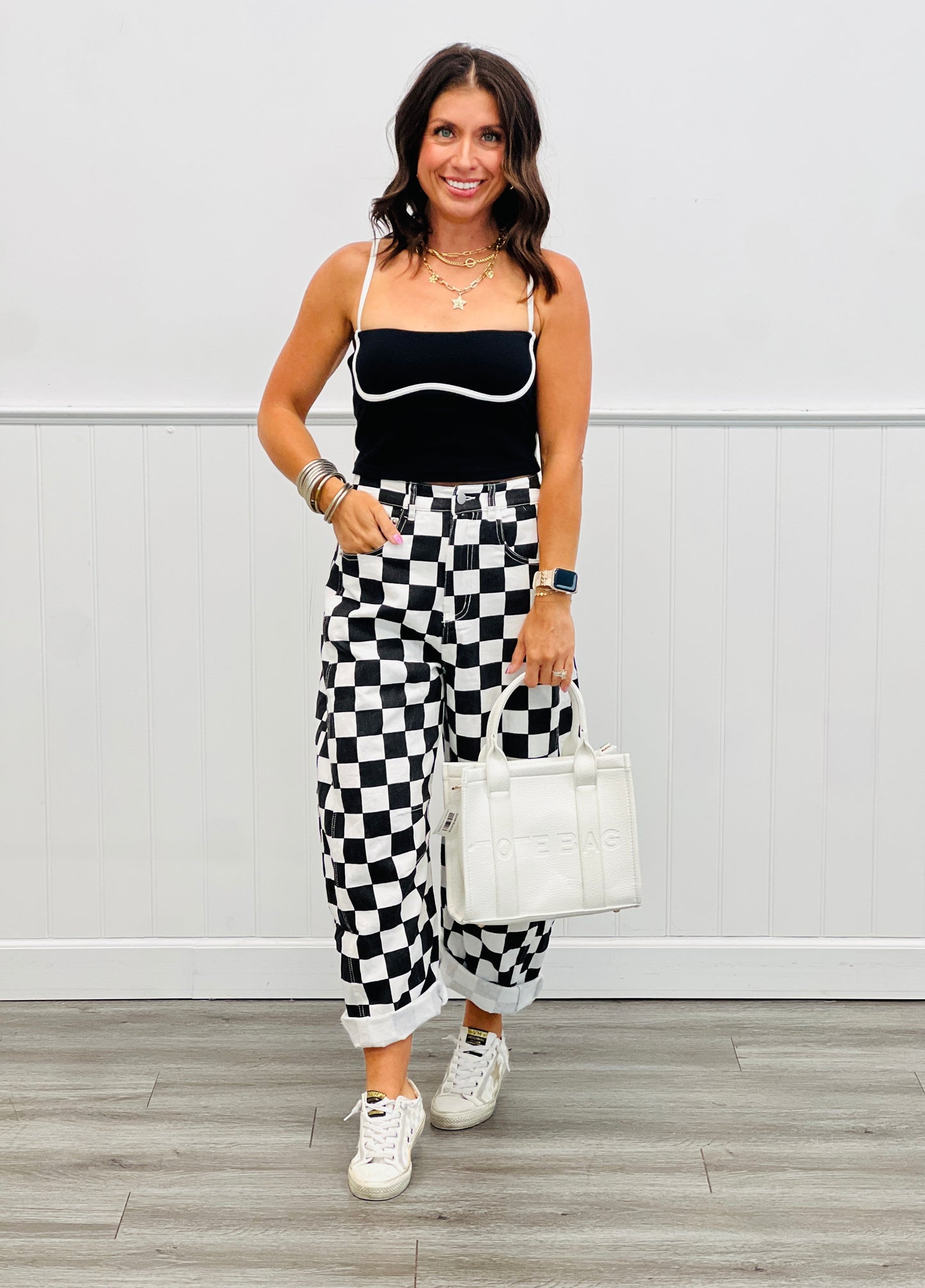 Black Checkered Print Denim Barrel Pants (Reg. and Plus)