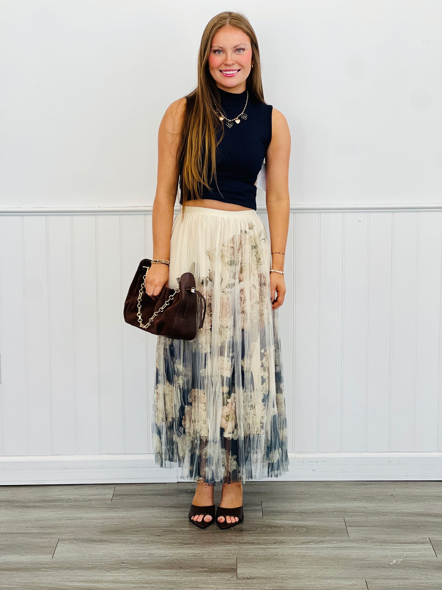 Navy Floral Sheer Lined Midi Skirt (Reg. and Plus)