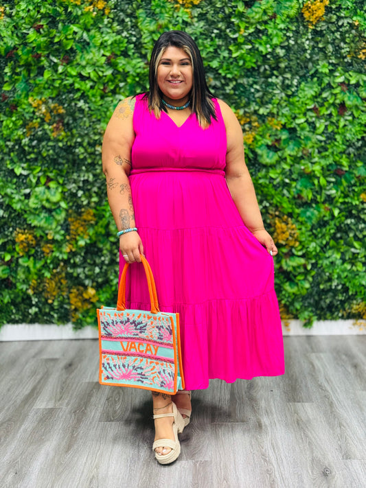 Pink Shirred Shoulder Tiered Maxi Dress (Reg. & Plus)