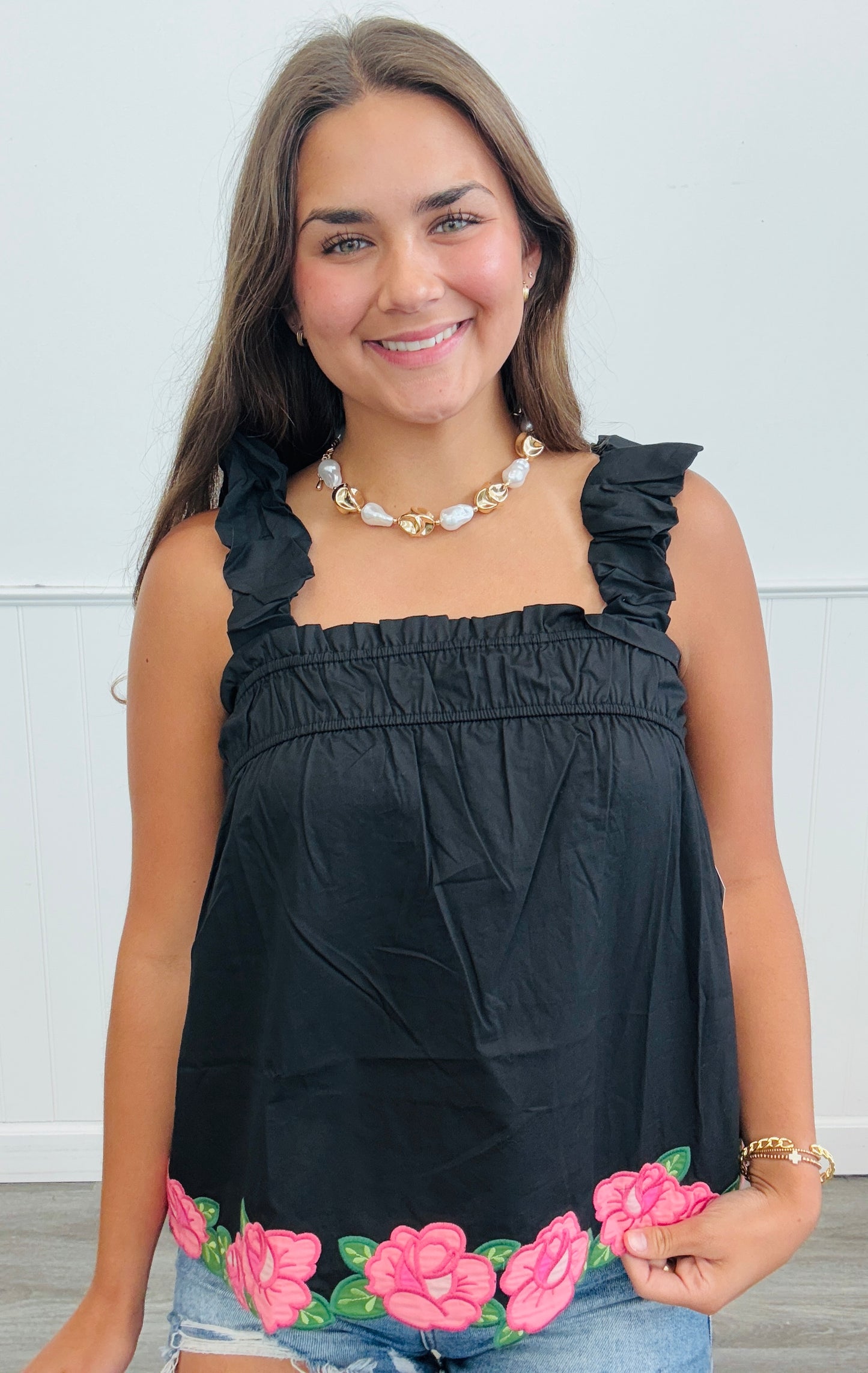 Flower Embroidered Poplin Blouse (Reg. and Plus) - 2 Colors