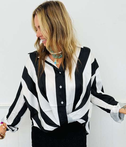 Black/White Striped Satin Shirt (Reg.)