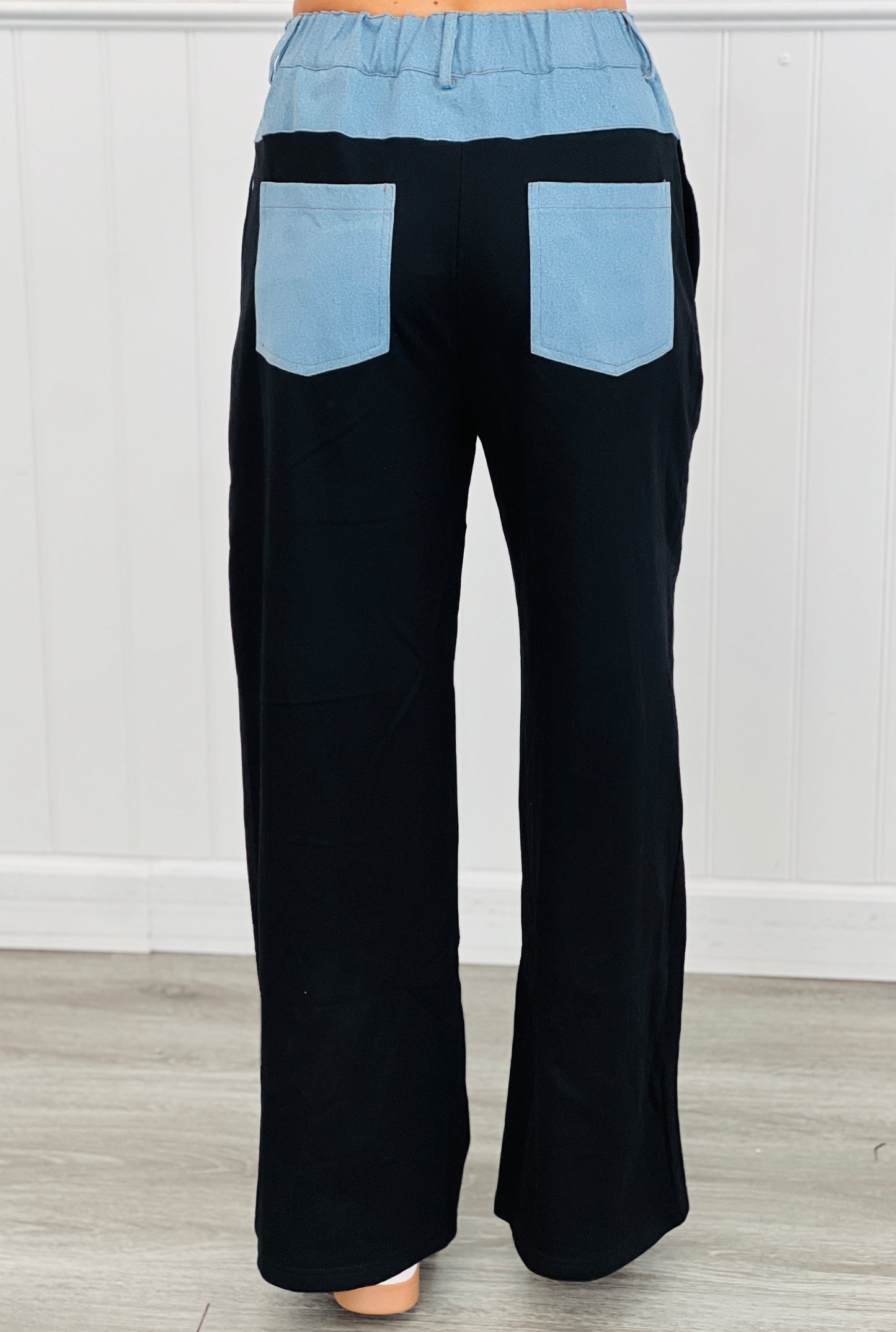 Black Contrast Waist Wide-leg Pants (Reg & Plus)