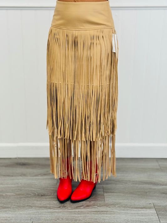 Taupe Faux Leather Fringe Maxi Skirt (Reg.)