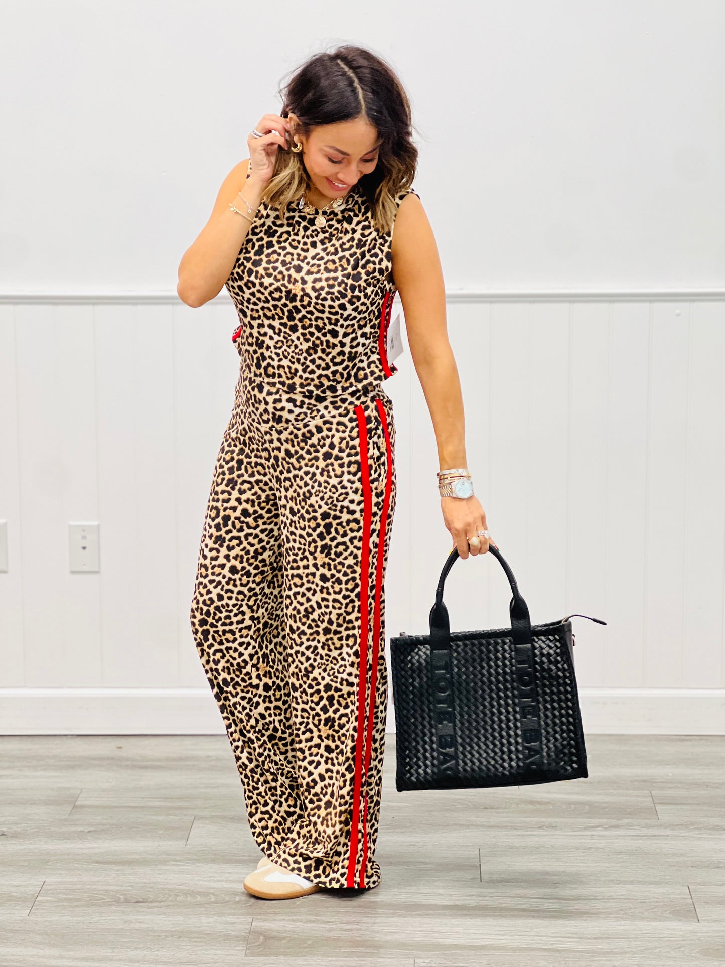 Leopard Love Print Double Red Side Stripe Pants (Reg & Plus)