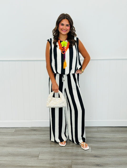Black/Ivory Stripe Top & Pants Set (Reg & Plus)