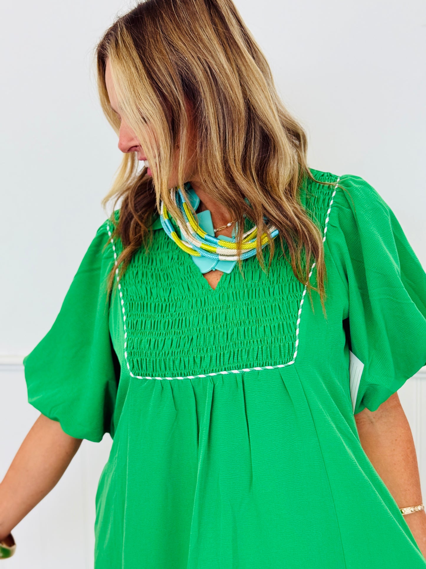 Green Smocked Neck Midi Dress (Reg.)