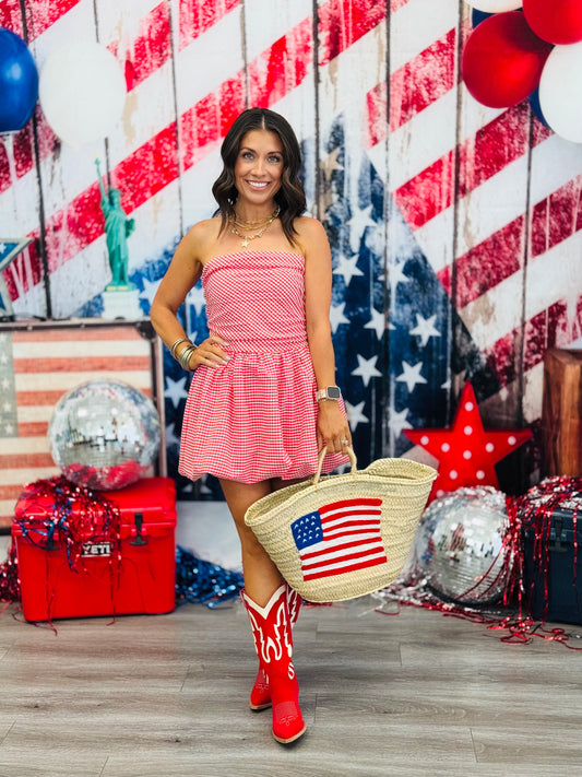 Red Gingham Tie Back Mini Dress (Reg)