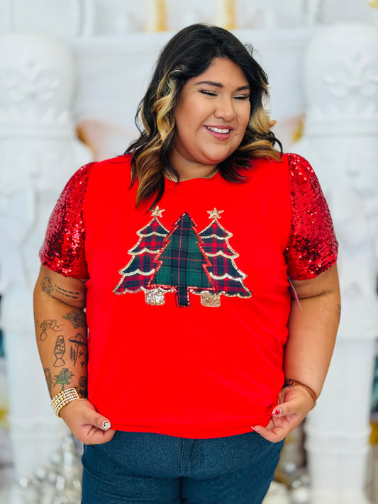 Red Festive Forest Sequin Sleeve Top (Reg. and Plus)