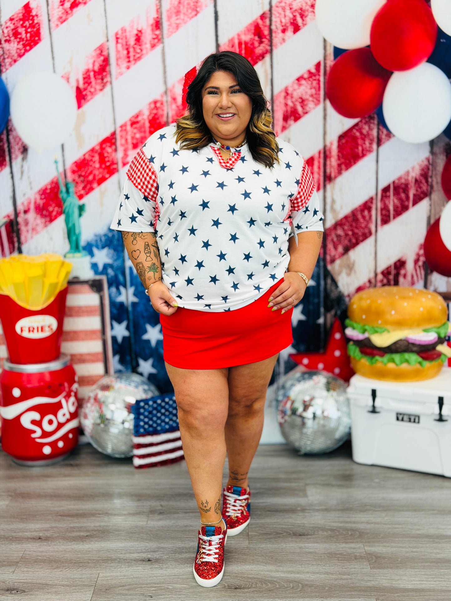 Ivory/Navy Stars & Gingham Top (Reg & Plus)