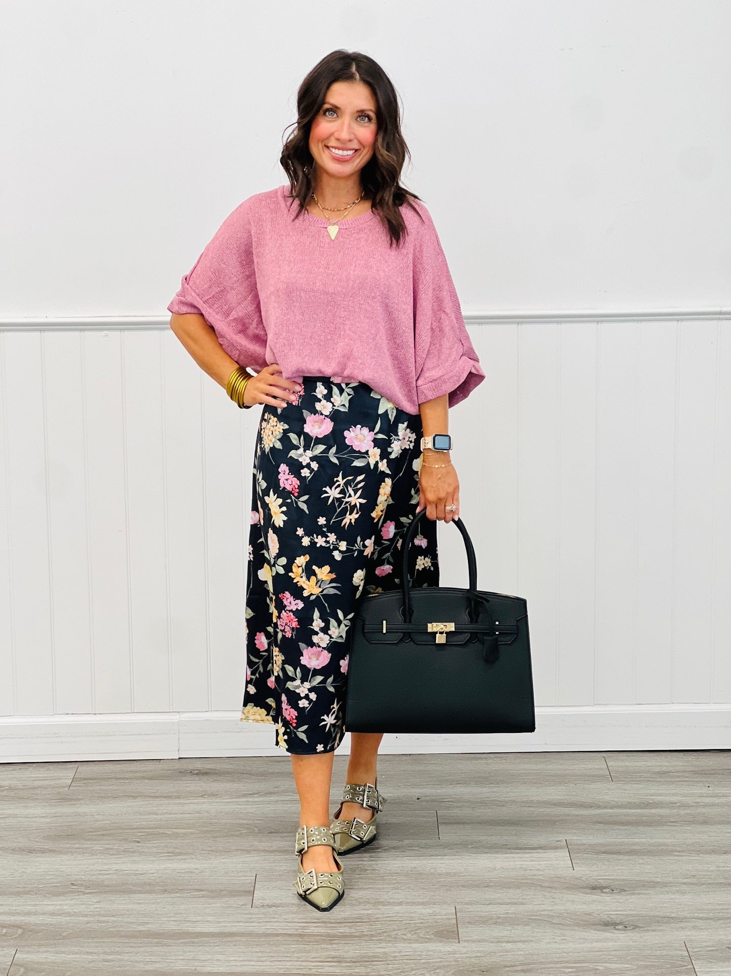 Black/Yellow Floral Satin Midi Skirt (Reg. and Plus)