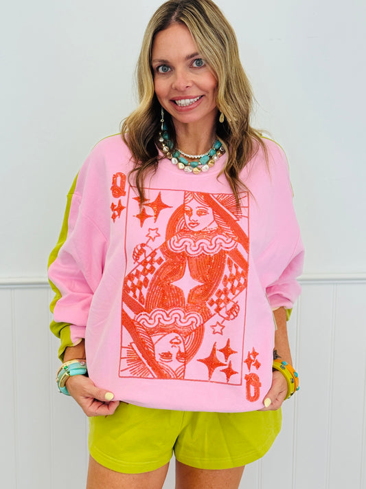 Queen Of Sparkles Pink & Green Colorblock Card Logo Sweatshirt (Reg. & Plus)