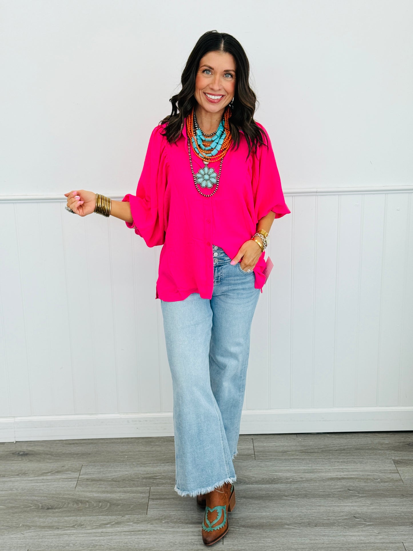 Electric Fuchsia Embroidered Trim Blouse (Reg & Plus)
