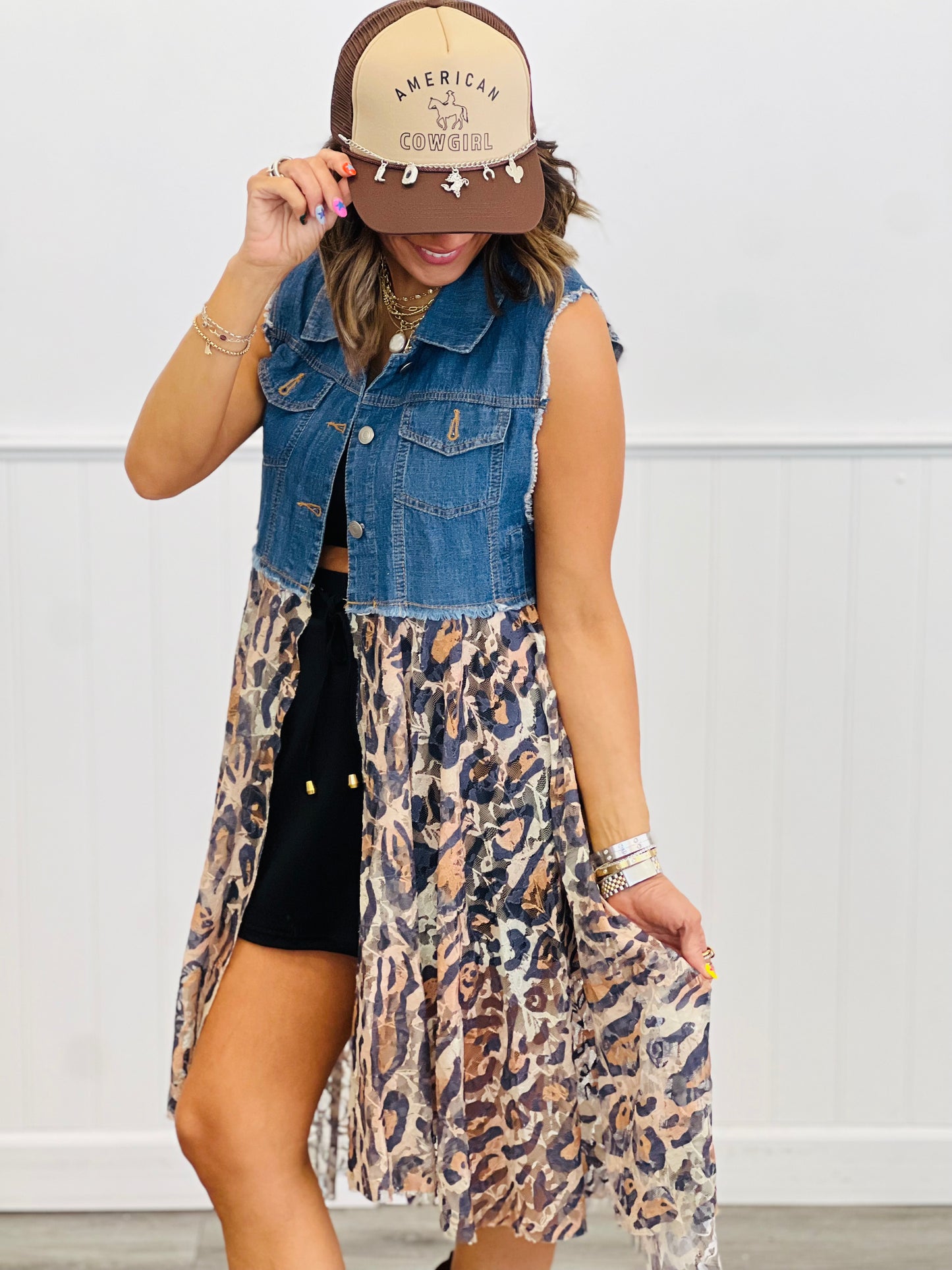 Denim Jacket With Leopard Lace Layer Jacket (Reg. and Plus)
