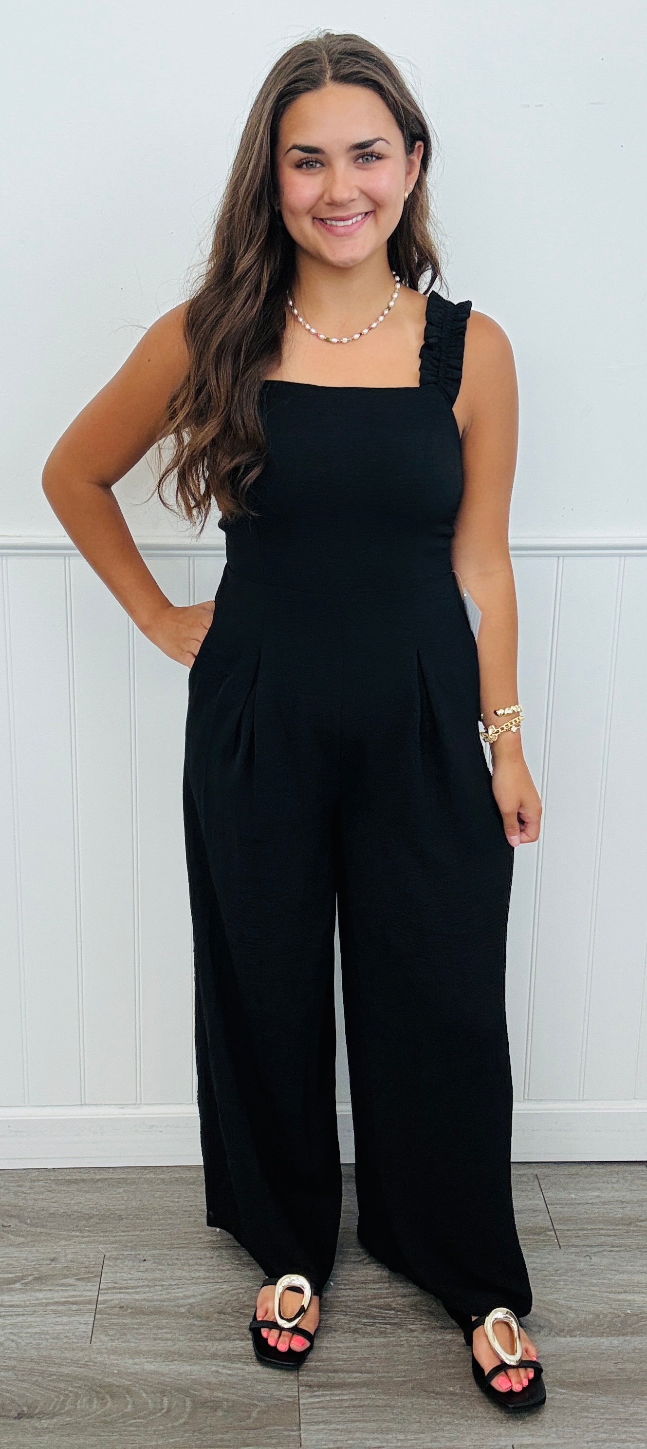Black Sleeveless Smocked Back Jumpsuit (Reg. and Plus)