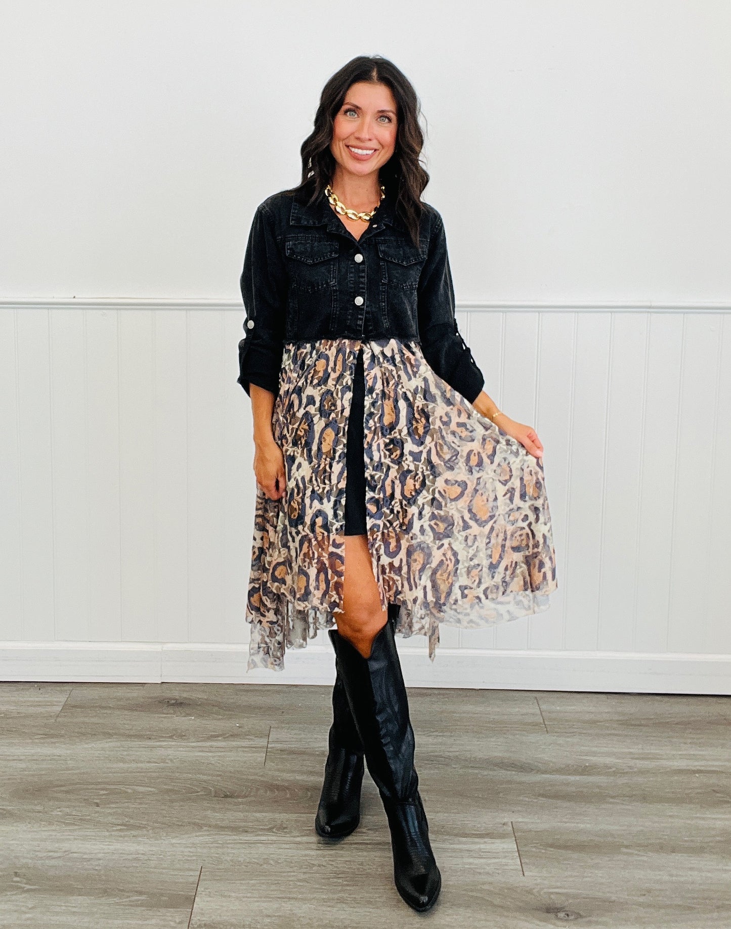 Black Denim Leopard Lace Layer Button Up Jacket (Reg. and Plus)