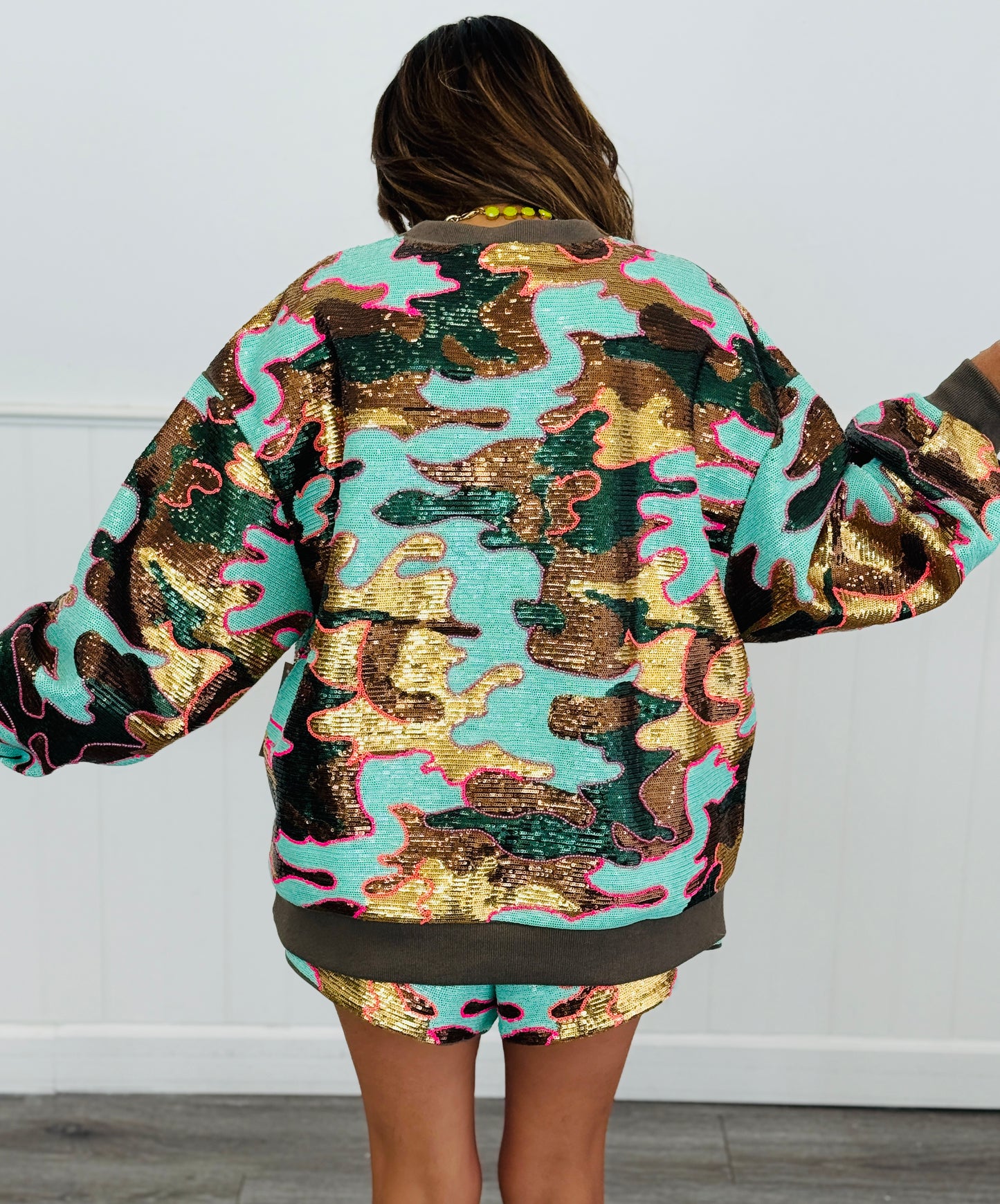Queen Of Sparkles Mint Sequin Camo Card Logo Sweatshirt (Reg. and Plus)