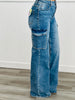 Medium Denim Pearl Studded Wide Leg Cargo Jeans (Reg.)