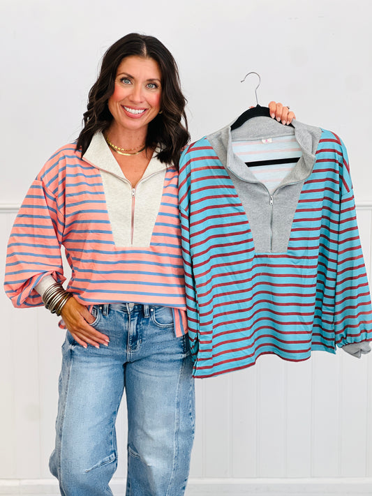 Relaxed Half Zip Striped Pullover (Reg. and Plus) - 2 Colors