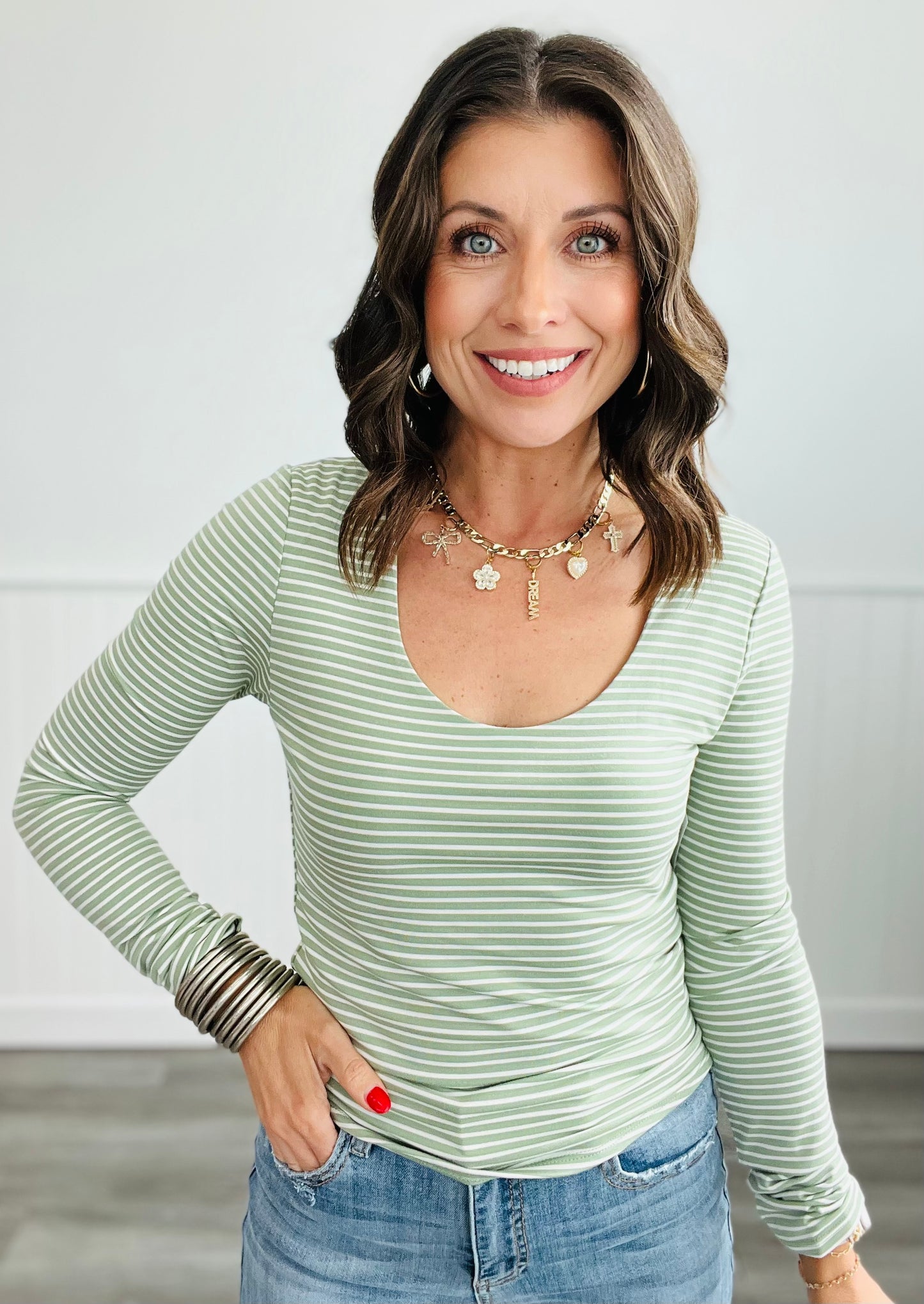 Striped Scooped Neck Long Sleeve Top (Reg.) - 3 Colors