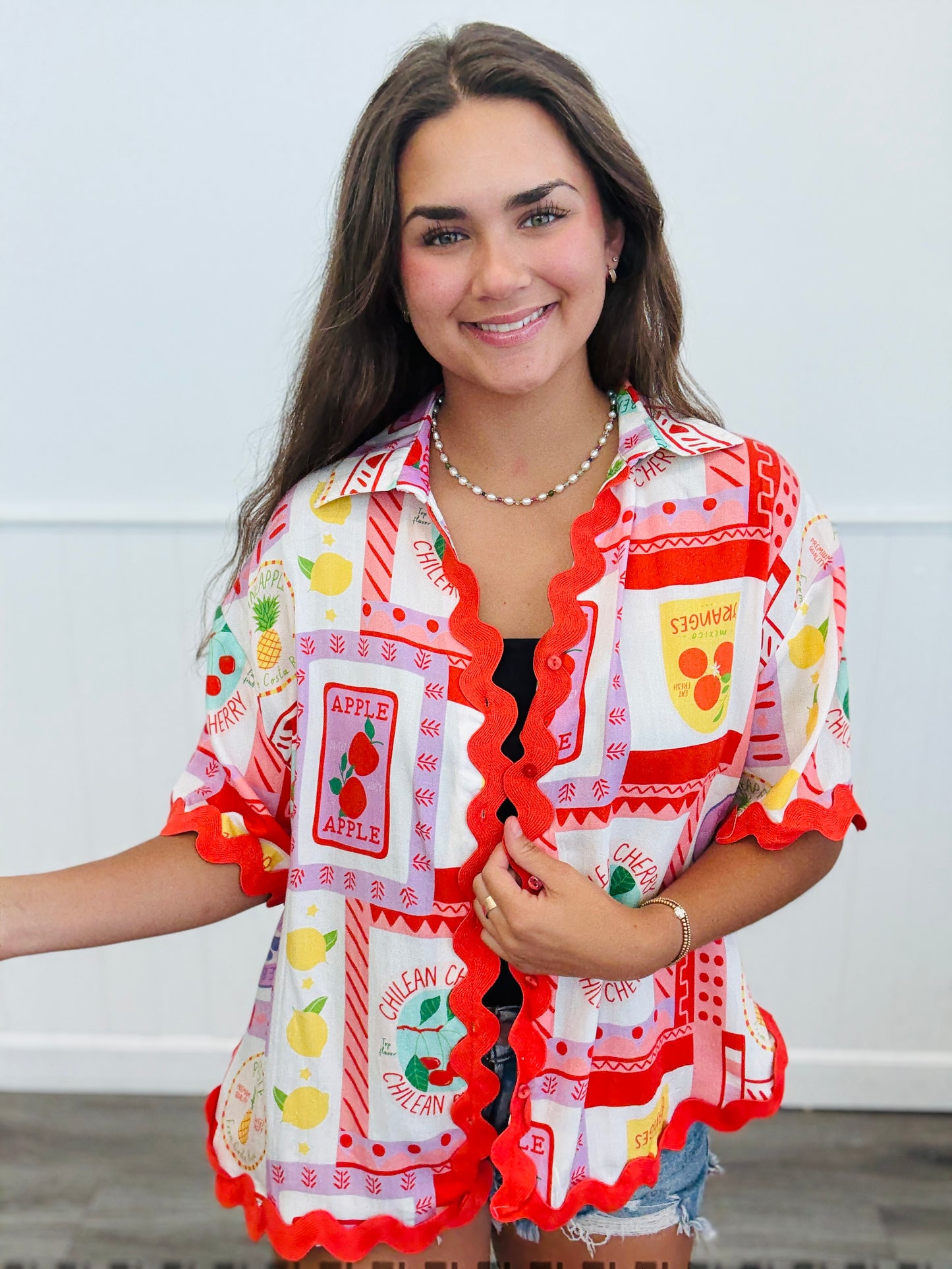 Orange Multi Fruits Ric Rac Trim Shirt (Reg)