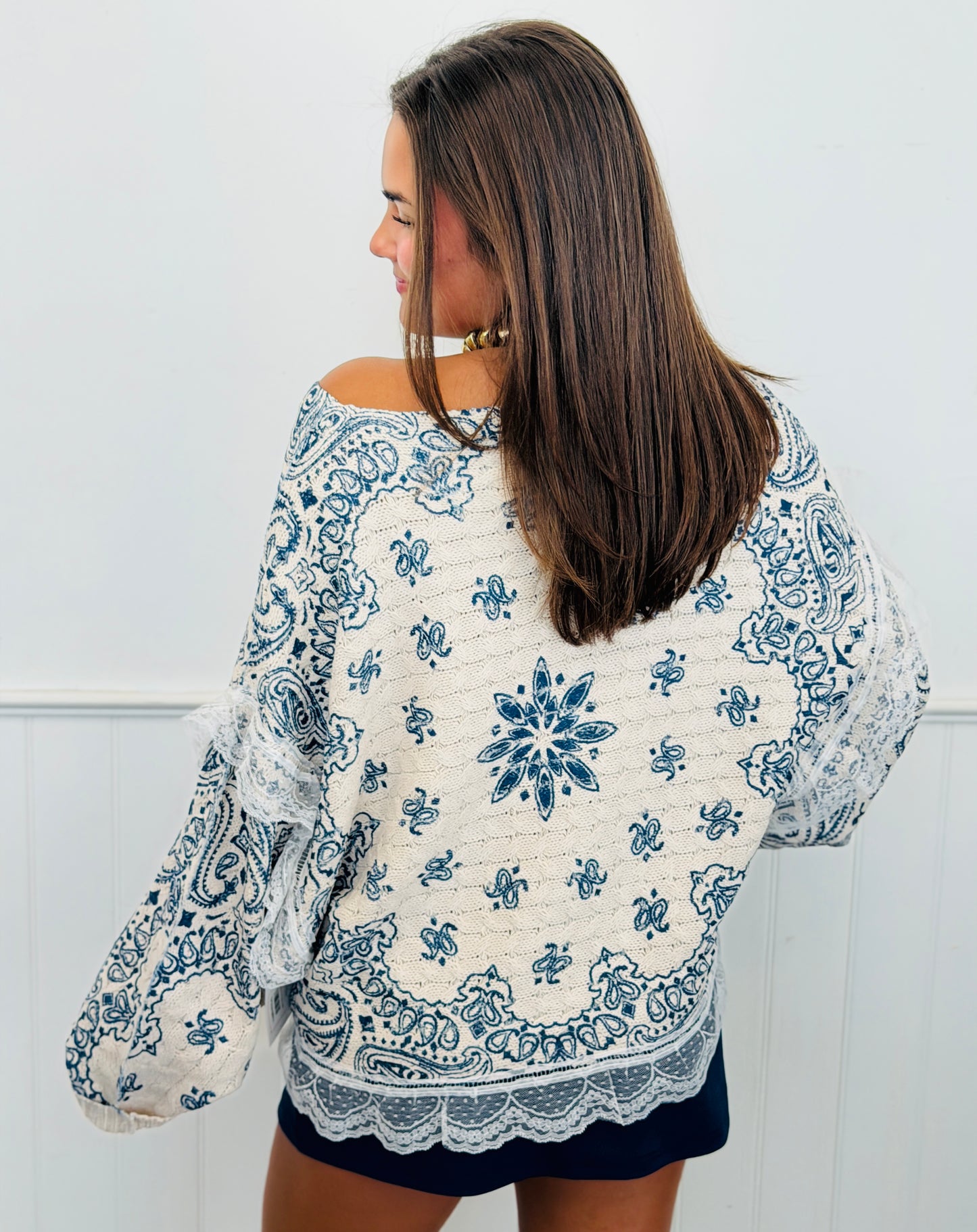 POL Cream/Blue Multi Lace Trim Sweater Top (Reg.)