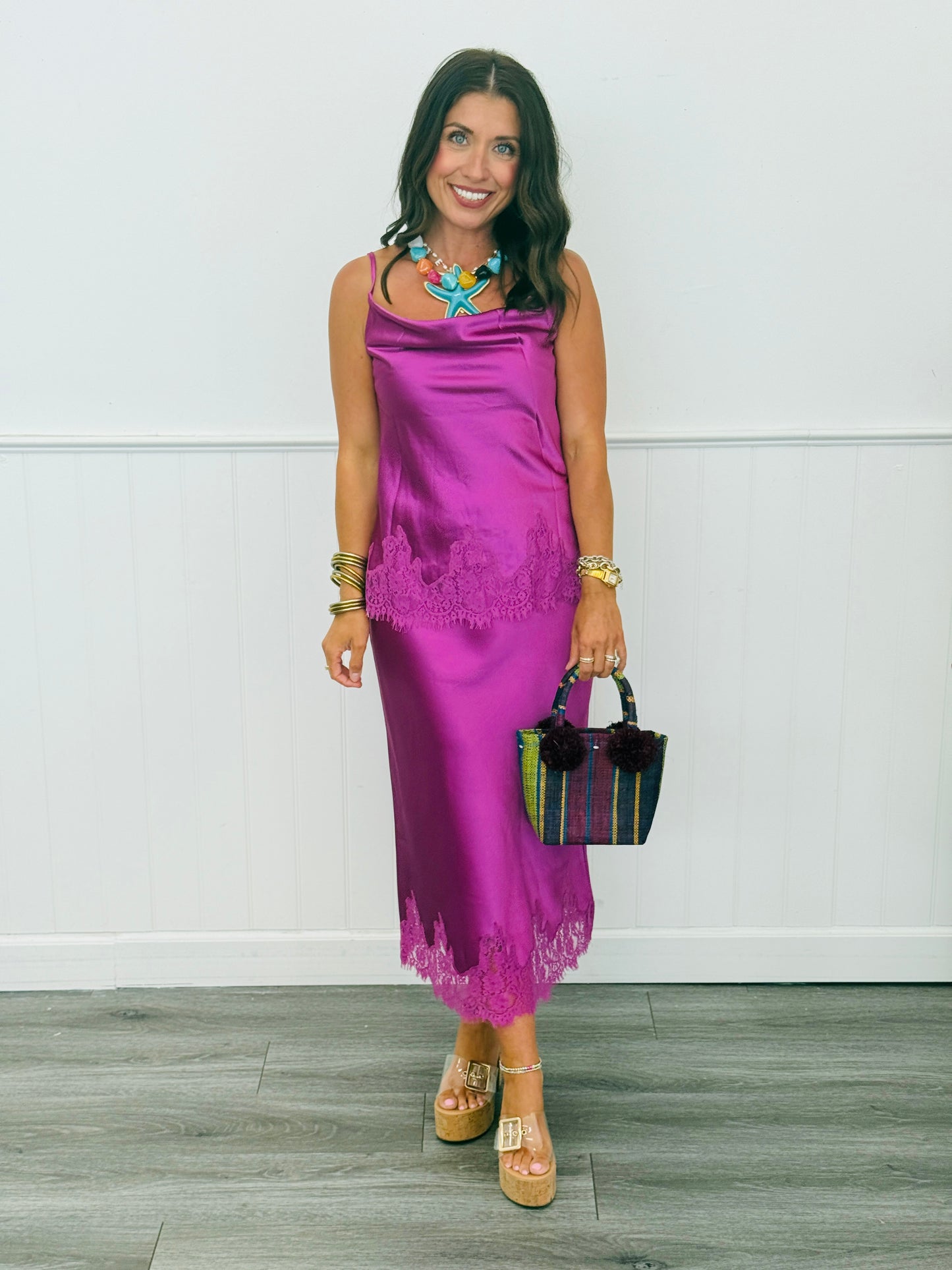 Magenta Satin Cowl Neck Cami Top (Reg.)
