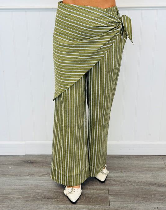 Olive Striped Front Wrap Detail Pants (Reg.)