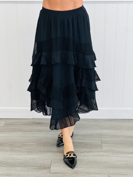 Black Crochet Mix Ruffled Maxi Skirt (Reg & Plus)