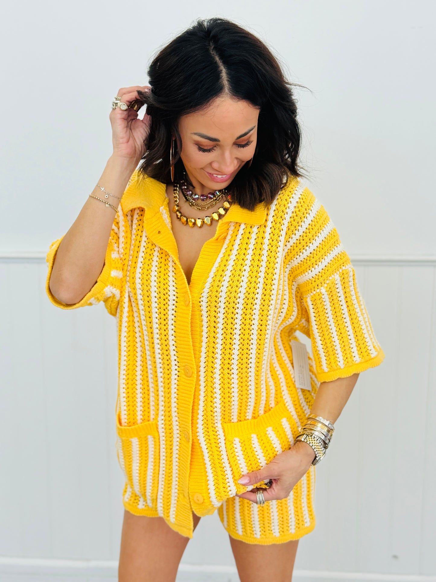Yellow/White Stripe Crochet Sweater Top (Reg.)