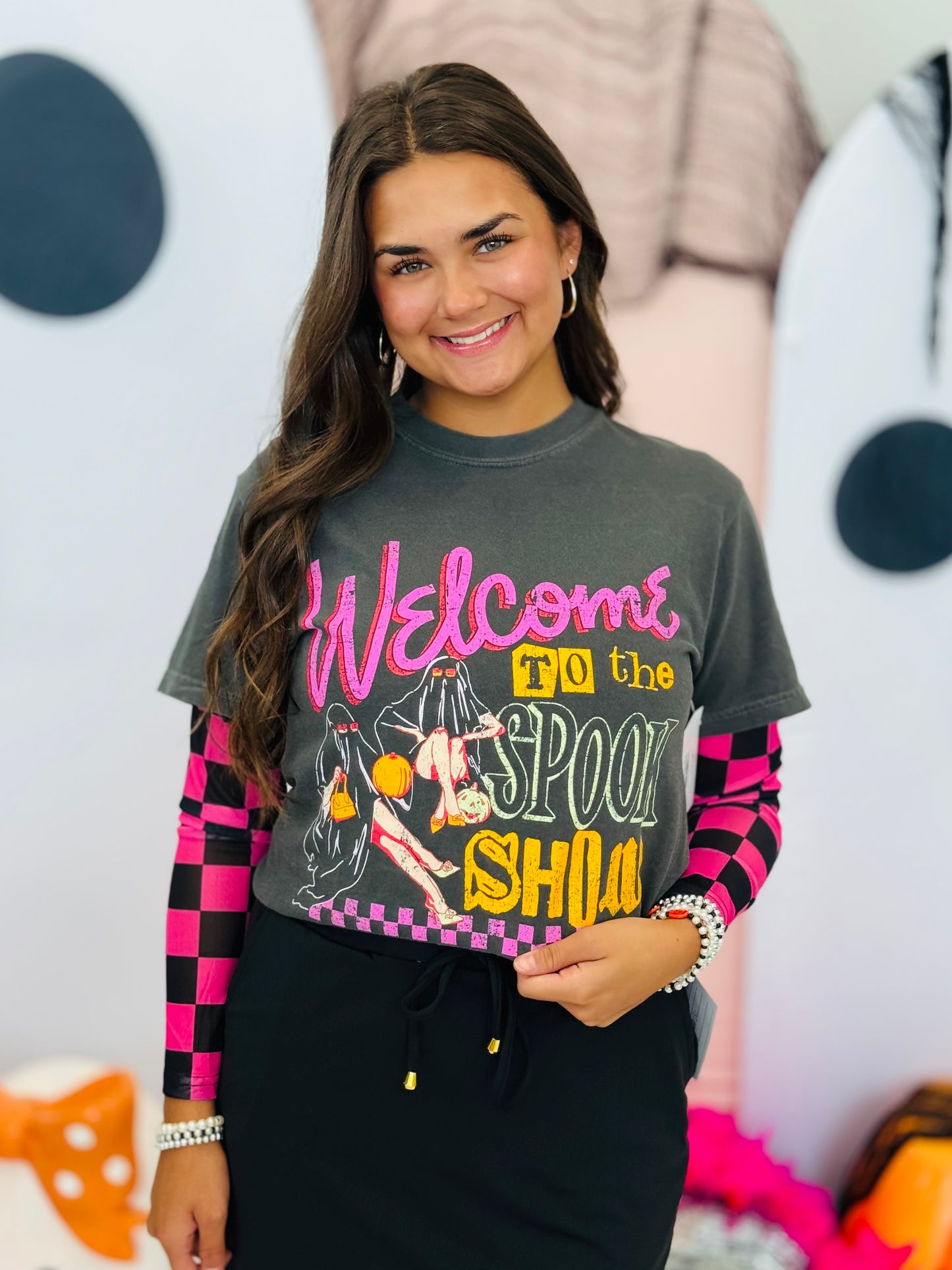 Pink/Black Checkered Mesh Long Sleeve Top (Reg. and Plus)