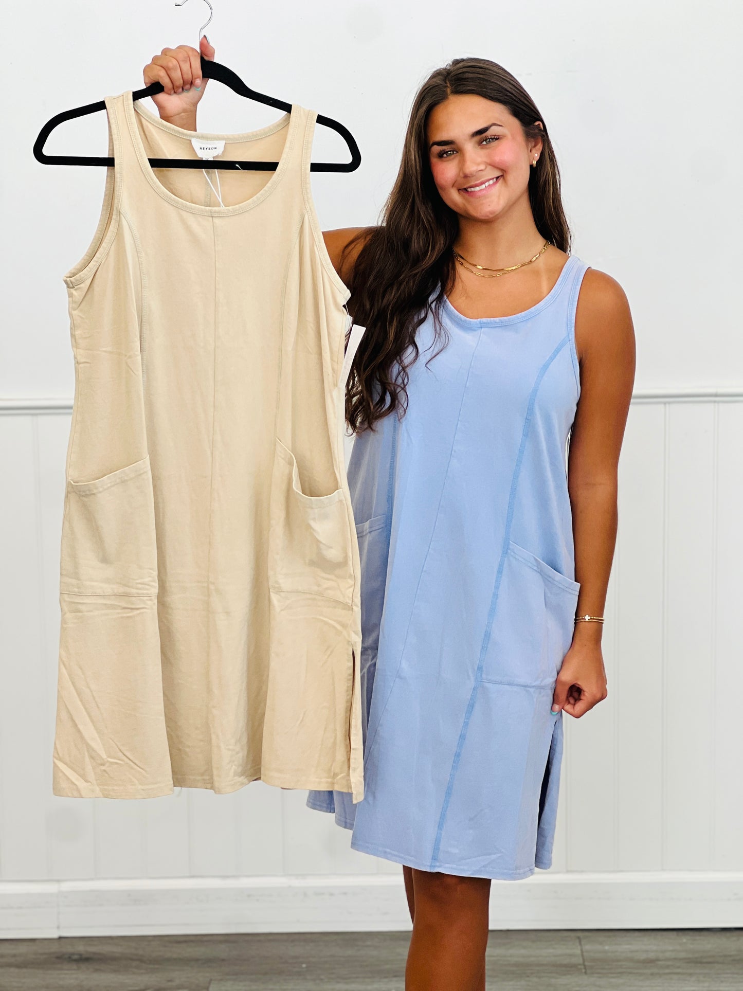WASHED SLEEVELESS CASUAL DRESS WITH FRONT POCKETS