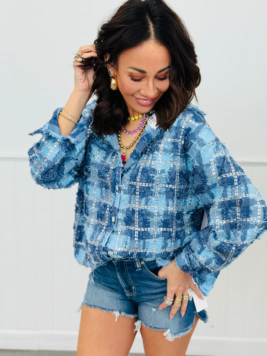 Blue Rhinestone Embellished Button Up Top (One Size)