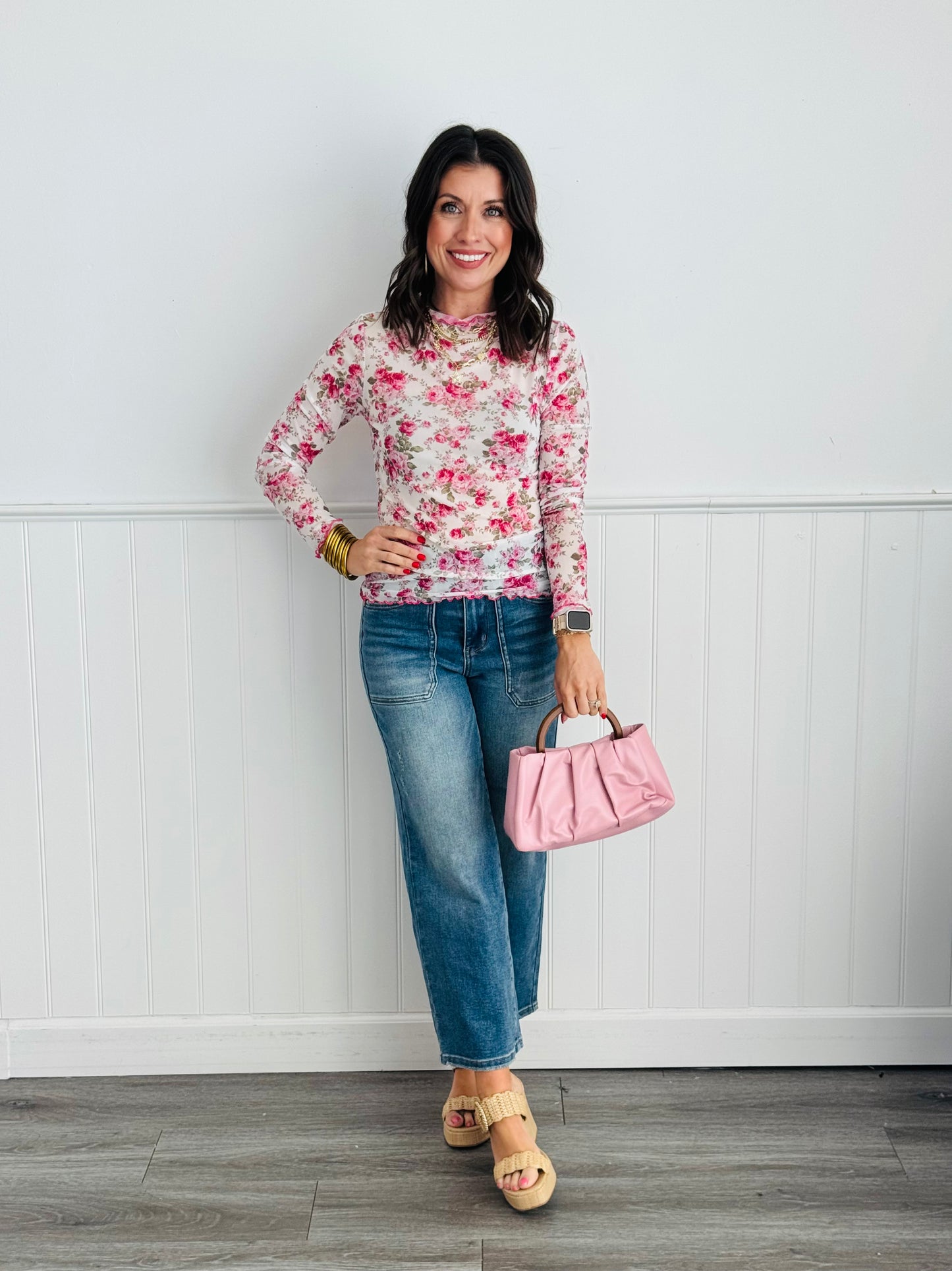 Pink Floral Mesh Long Sleeve Top (Reg. and Plus)