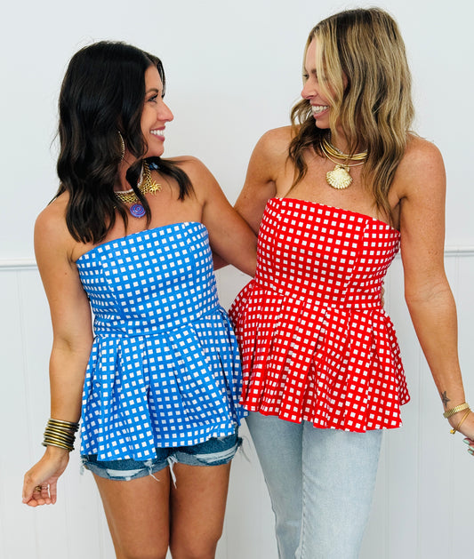 Checkered Strapless Peplum Top (Reg.)-2 Colors